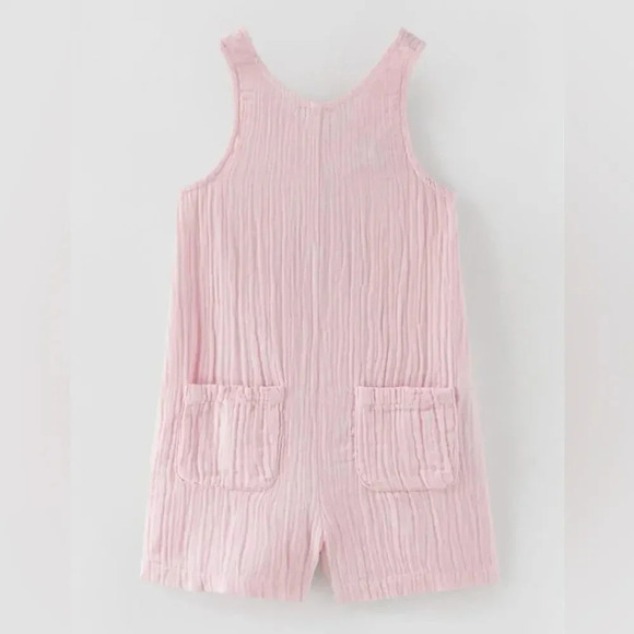 Zara Kids romper onesie toddler girl muslin cotton light pink pockets sleeveless - Picture 1 of 6